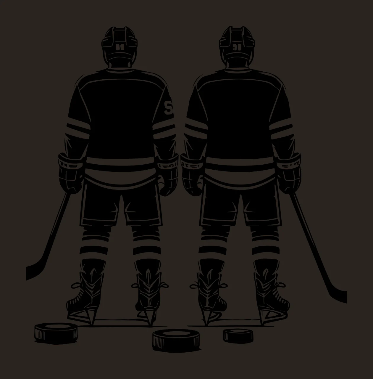Hockey Two Players Standing Rearview jerseys sticks pucks skates contrast preview thumbnail