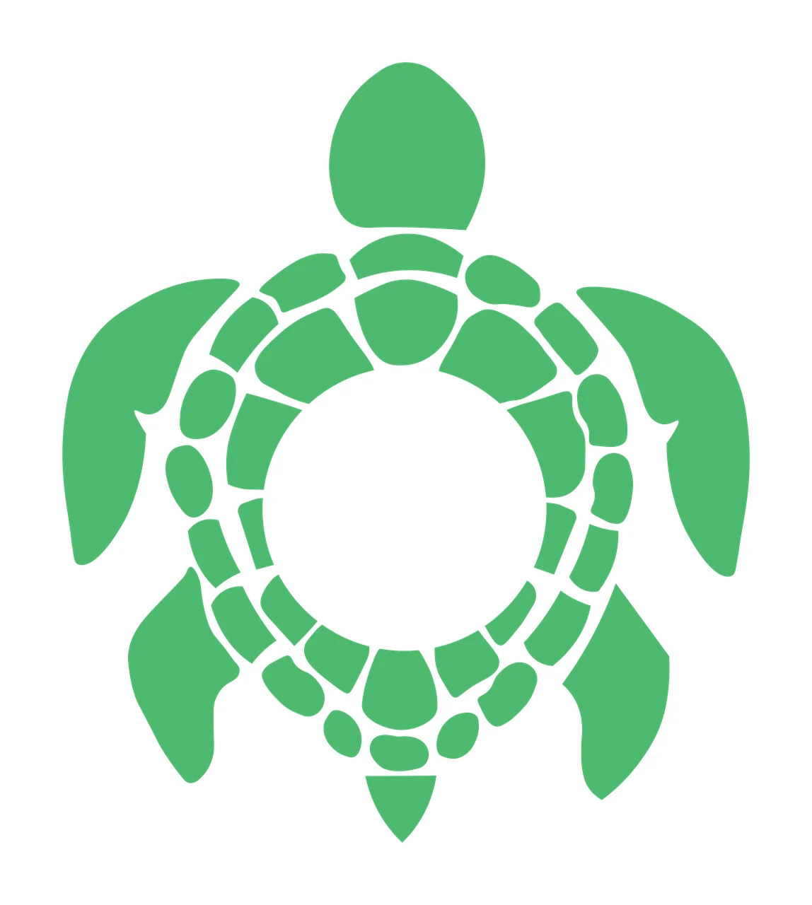 Sea turtle monogram frame with sea turtle silhouette, circular cutout frame, turtle shell pattern and flippers in green and white