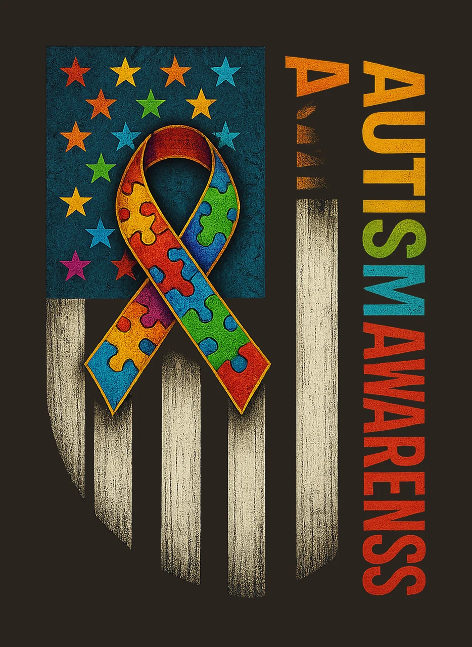 Autism Awareness Puzzle Flag Distressed American Flag Design contrast preview thumbnail