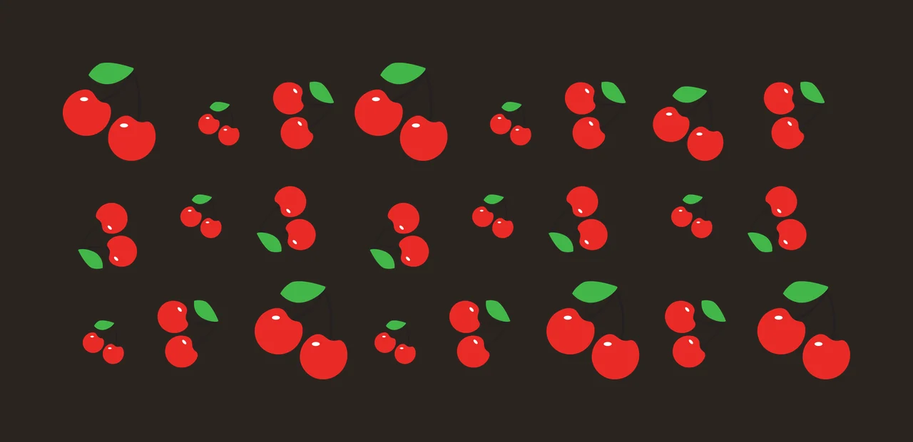 Cherry pair Illustration with red cherries, green leaves and black stems contrast preview thumbnail