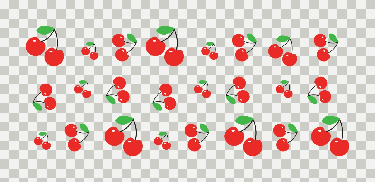 Cherry pair Illustration with red cherries, green leaves and black stems transparency and detail preview thumbnail