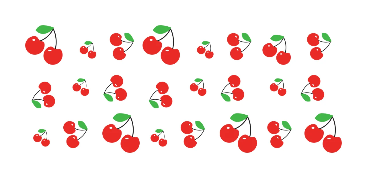 Cherry pair Illustration with red cherries, green leaves and black stems