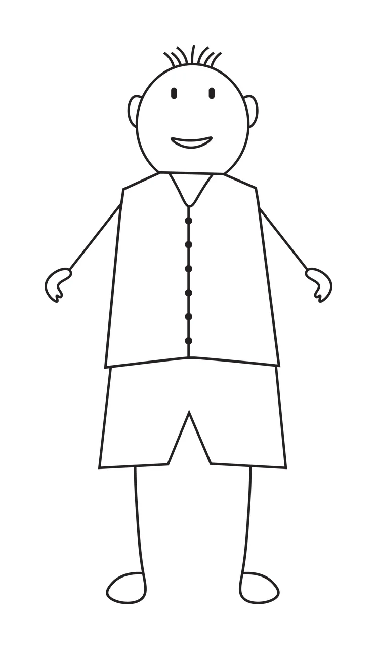 Line Art Illustration of stick figure person with spiky hair, buttoned vest, shorts and smiling face in black and white