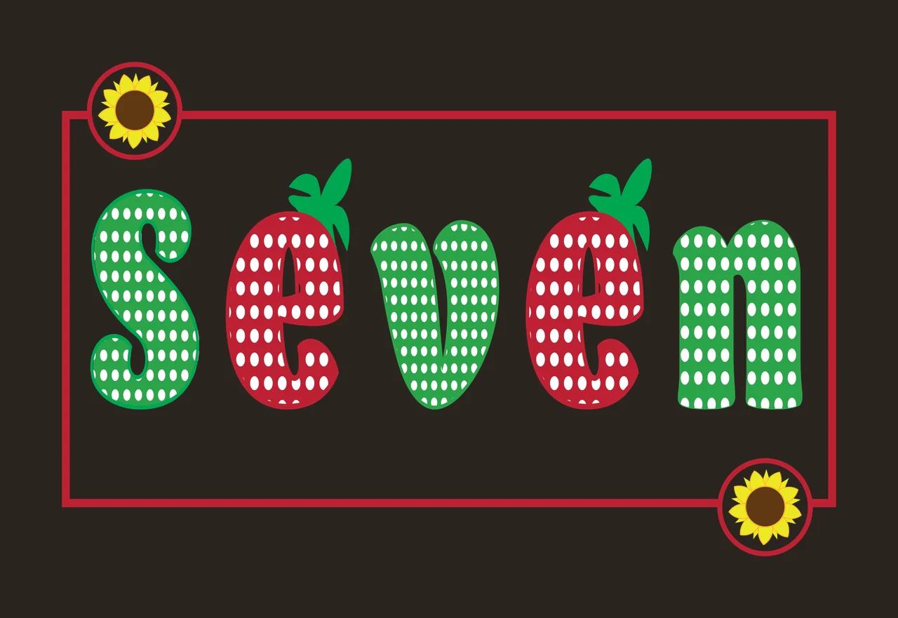 Seven Typography Design with word seven, strawberry letters, green leaves and polka dot pattern in red and yellow contrast preview thumbnail