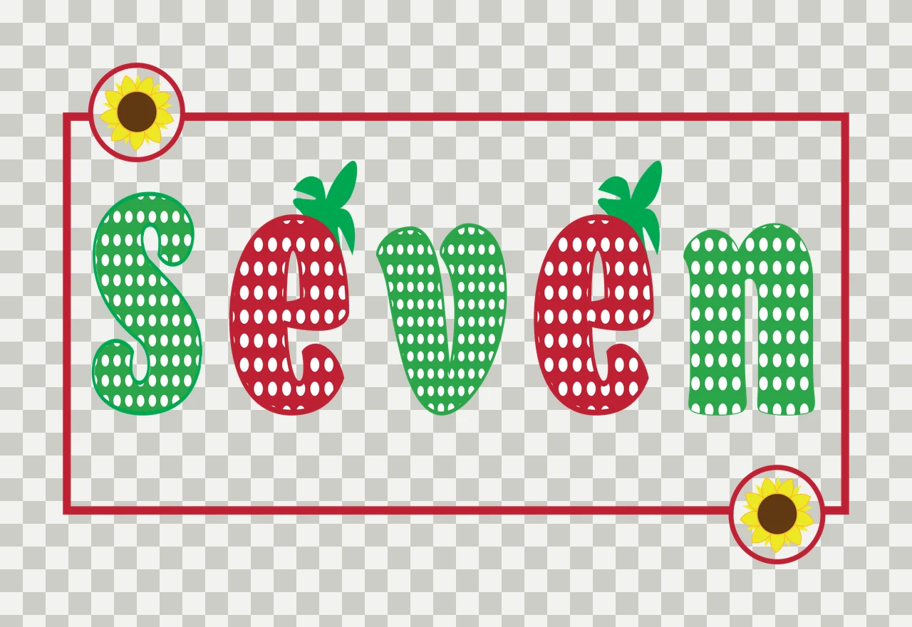 Seven Typography Design with word seven, strawberry letters, green leaves and polka dot pattern in red and yellow transparency and detail preview thumbnail