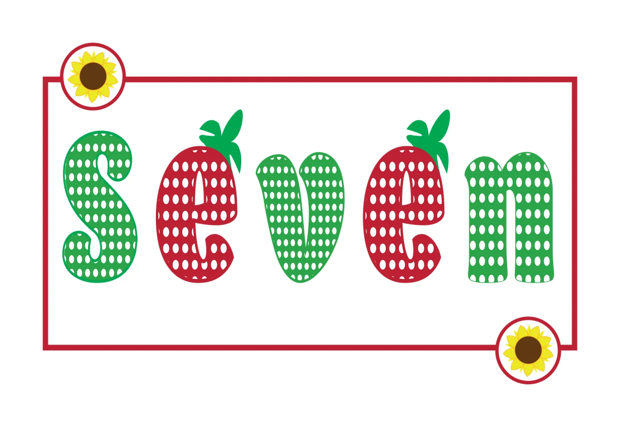 Seven Typography Design with word seven, strawberry letters, green leaves and polka dot pattern in red and yellow