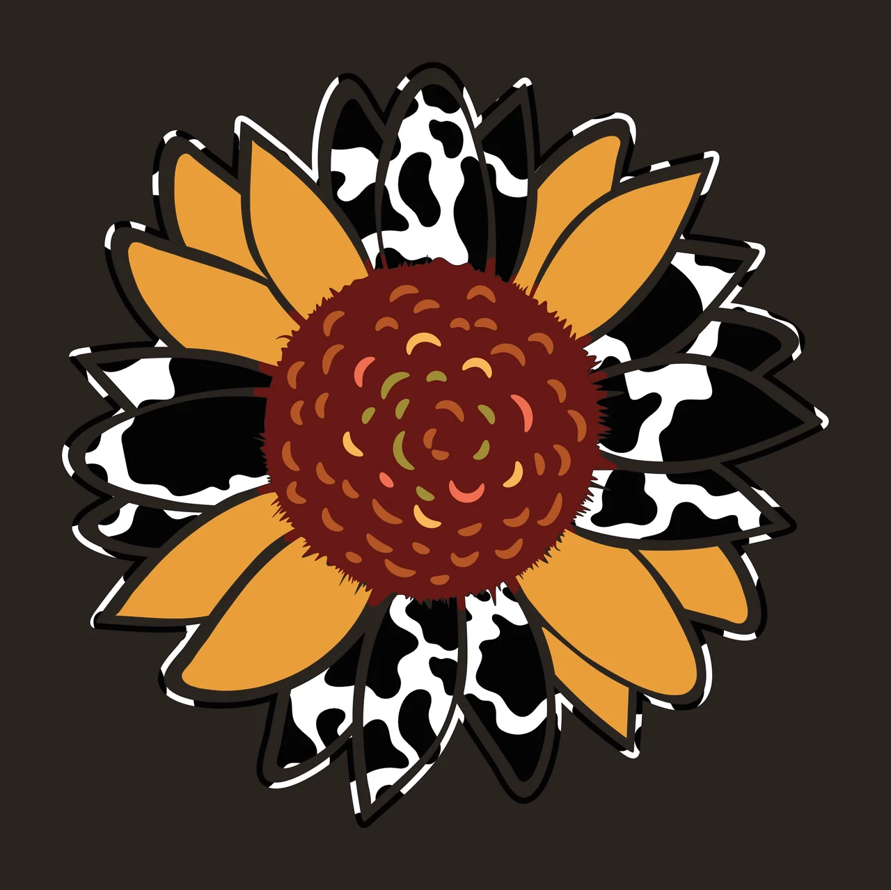 Sunflower Illustration with cow print pattern, petals, textured center and seeds in yellow, black and white contrast preview thumbnail