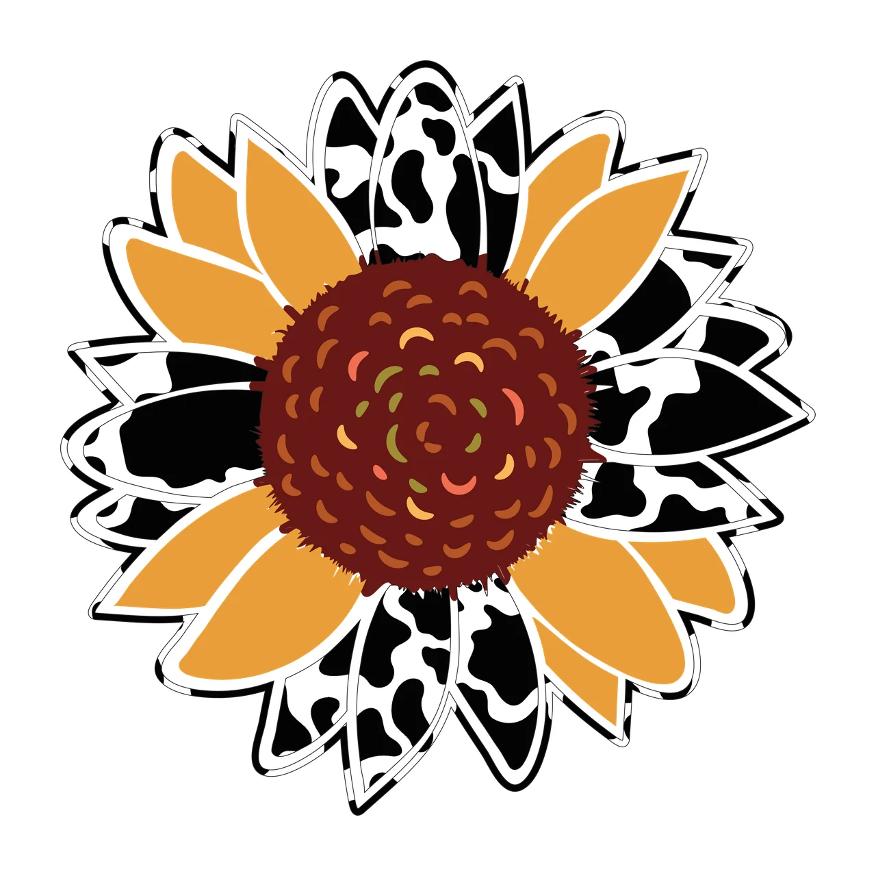 Sunflower Illustration with cow print pattern, petals, textured center and seeds in yellow, black and white