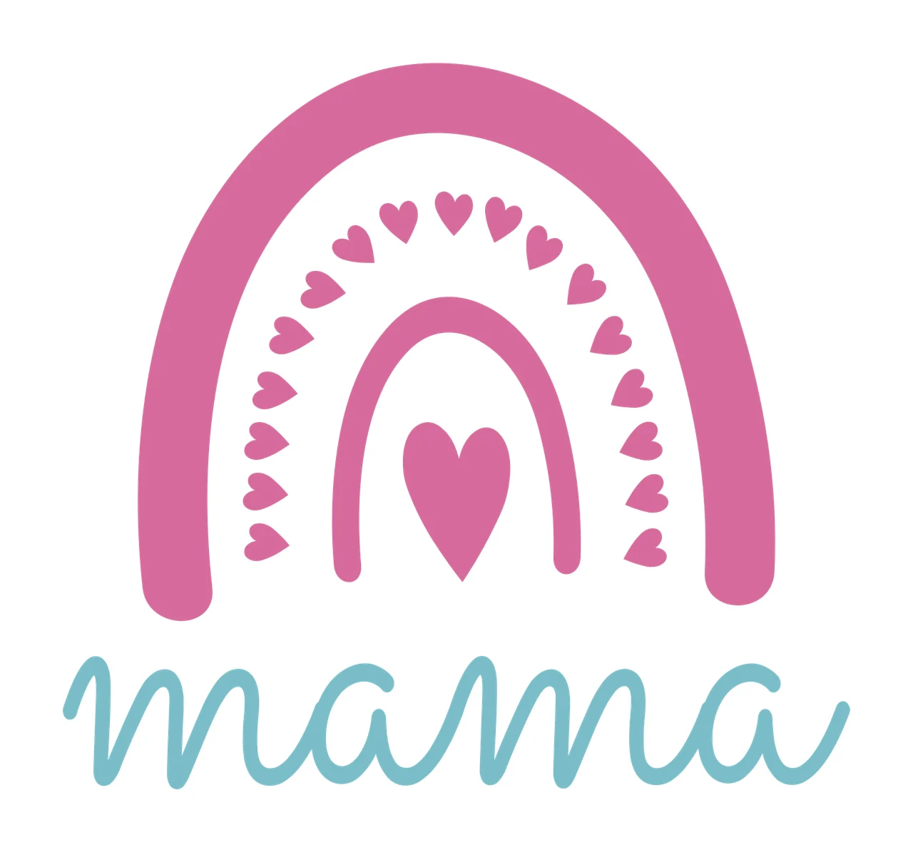 Mama rainbow Design with mama lettering, pink arch, heart arch and center heart in teal blue and white