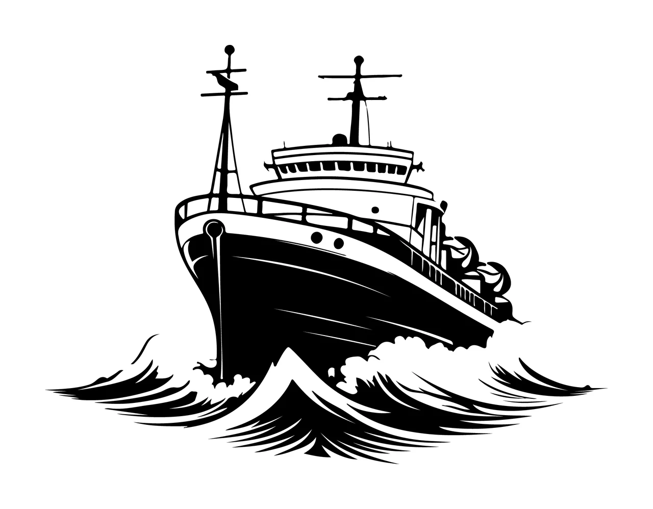 Ship Cruising Through Ocean Waves moving masts high contrast graphic