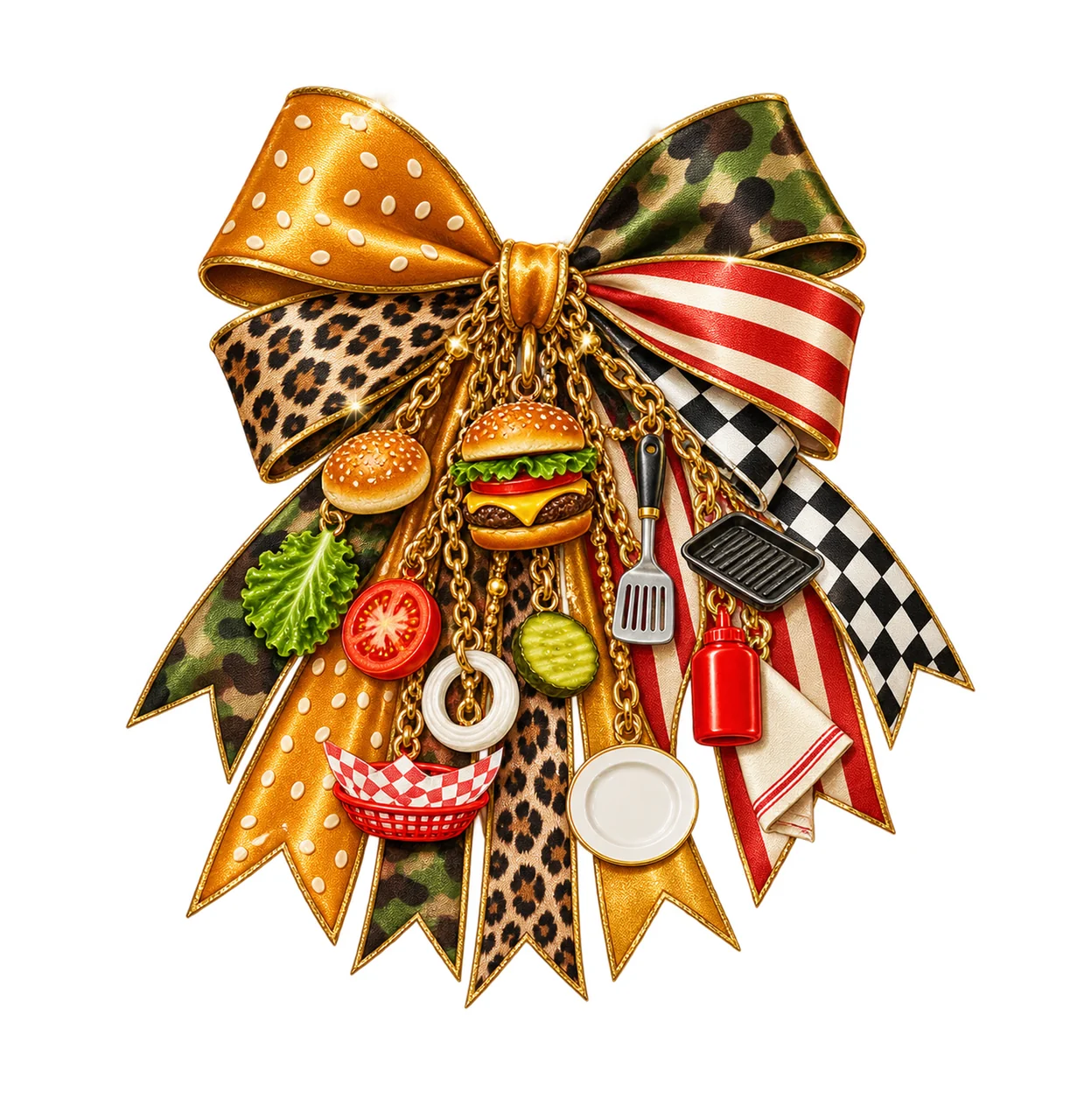 Cheeseburger Lover Bow Charm PNG, Themed Gold Chain Charms, Coquette Ribbon Sublimation Design, Transparent Digital Download