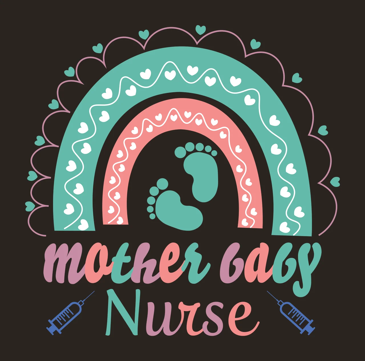 Mother baby Nurse nurse typographic emblem Design with boho rainbow, baby footprints, syringes and hearts in teal, coral pink and mauve purple contrast preview thumbnail