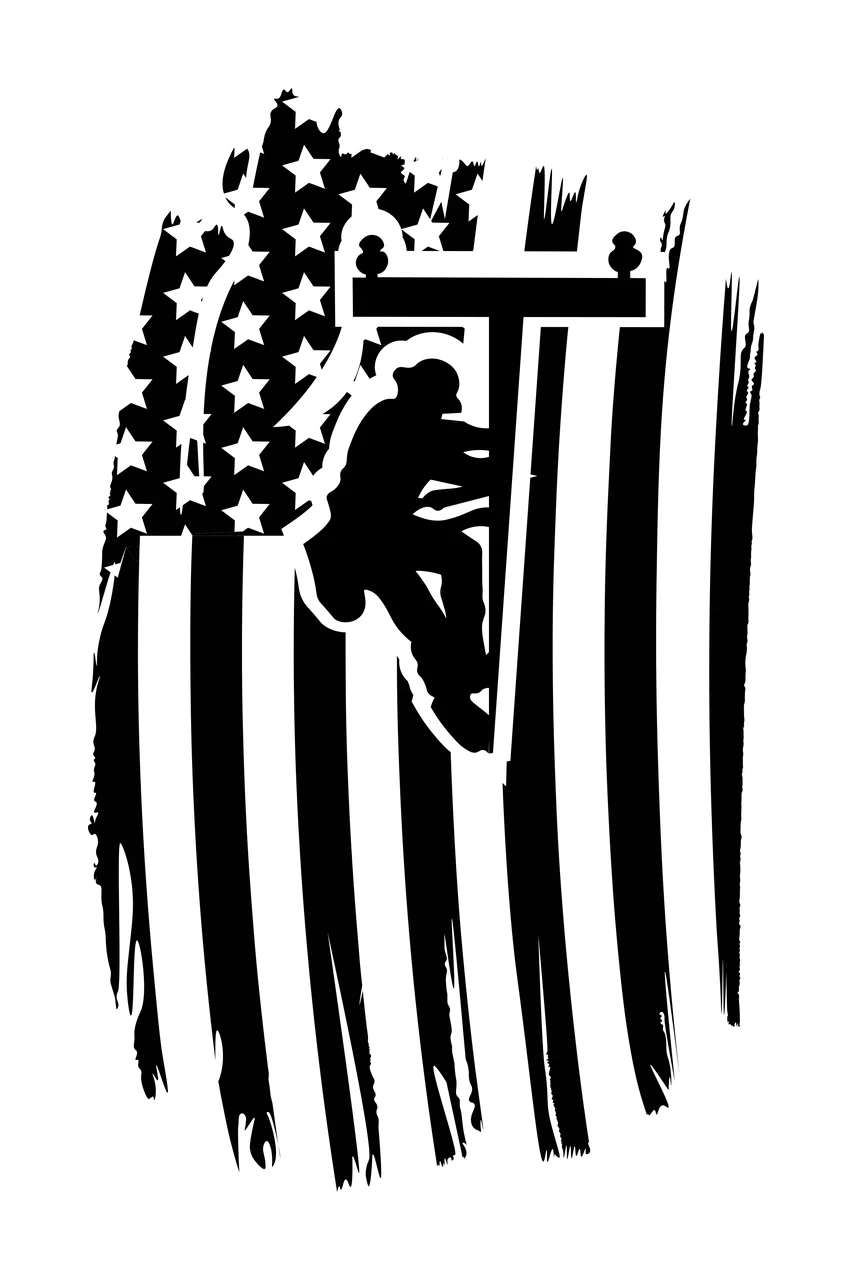 Utility Worker Silhouette On Flag climbing power pole distressed