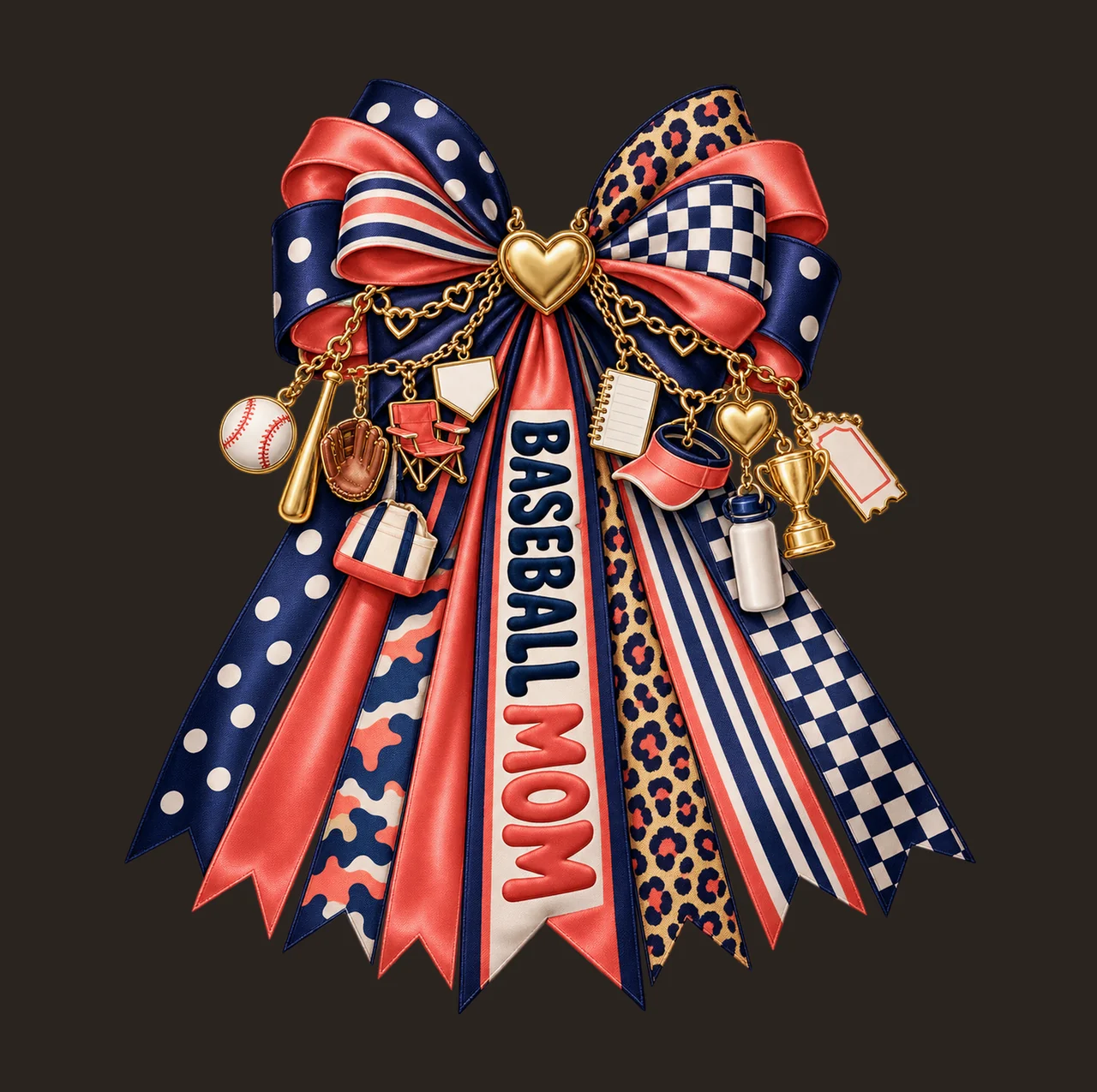 Baseball Mom Bow Charm PNG, Gold Chain Charms, Transparent Sublimation Design, Digital Download contrast preview thumbnail