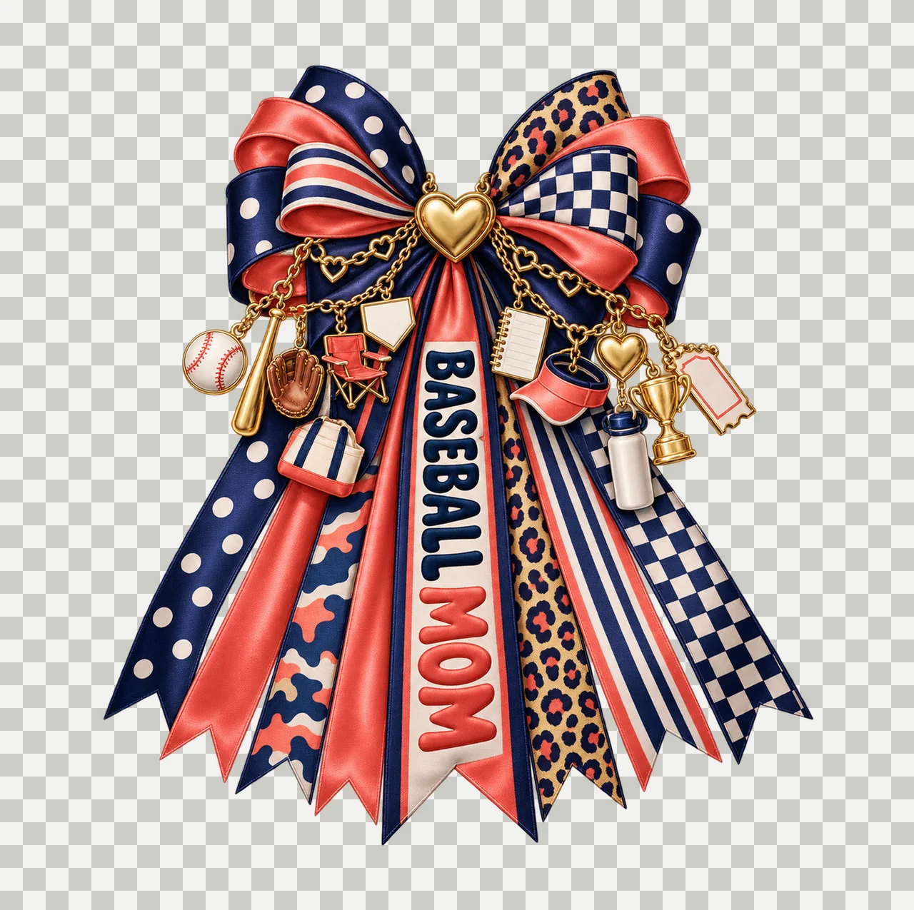 Baseball Mom Bow Charm PNG, Gold Chain Charms, Transparent Sublimation Design, Digital Download transparency and detail preview thumbnail