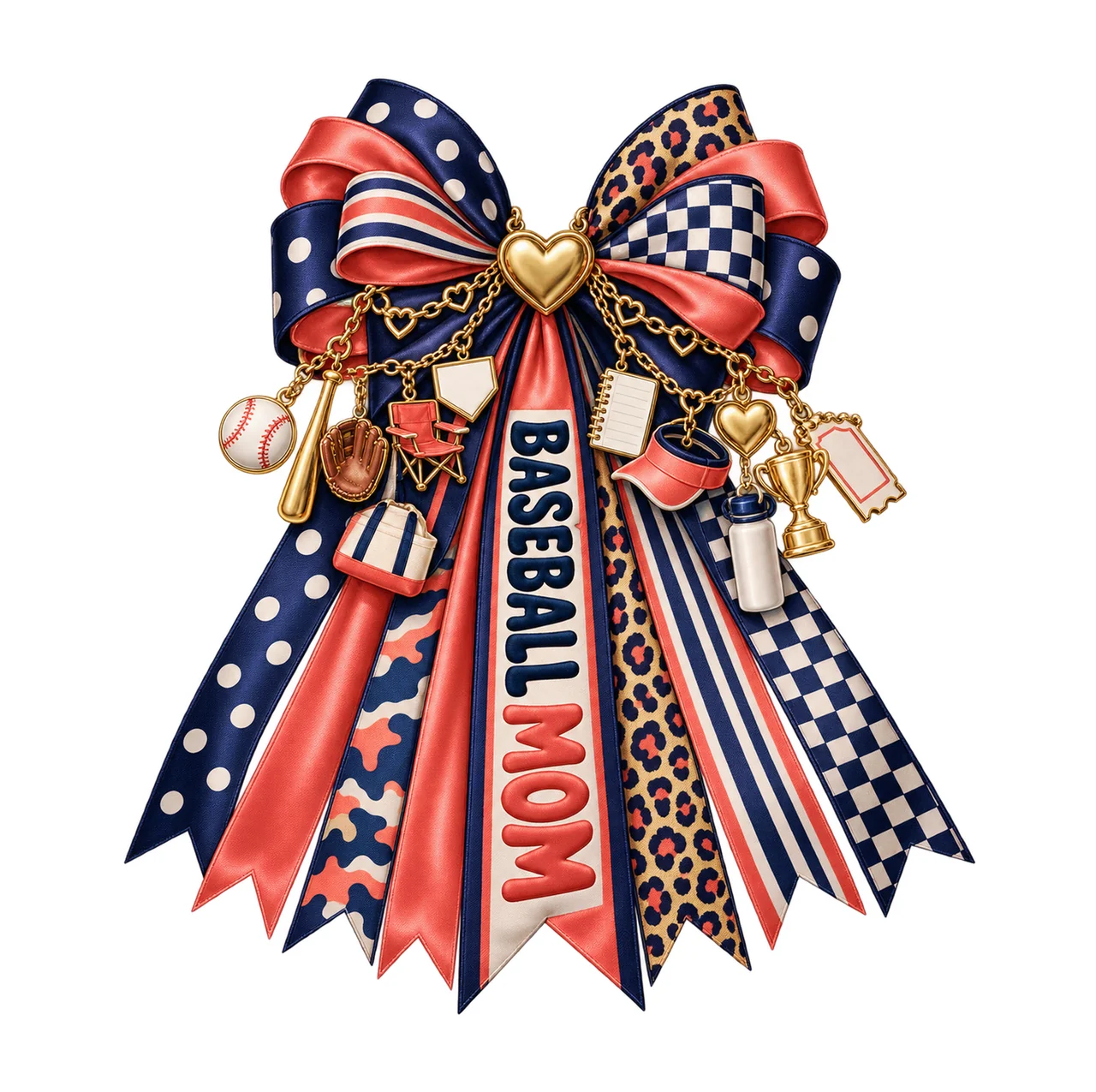 Baseball Mom Bow Charm PNG, Gold Chain Charms, Transparent Sublimation Design, Digital Download