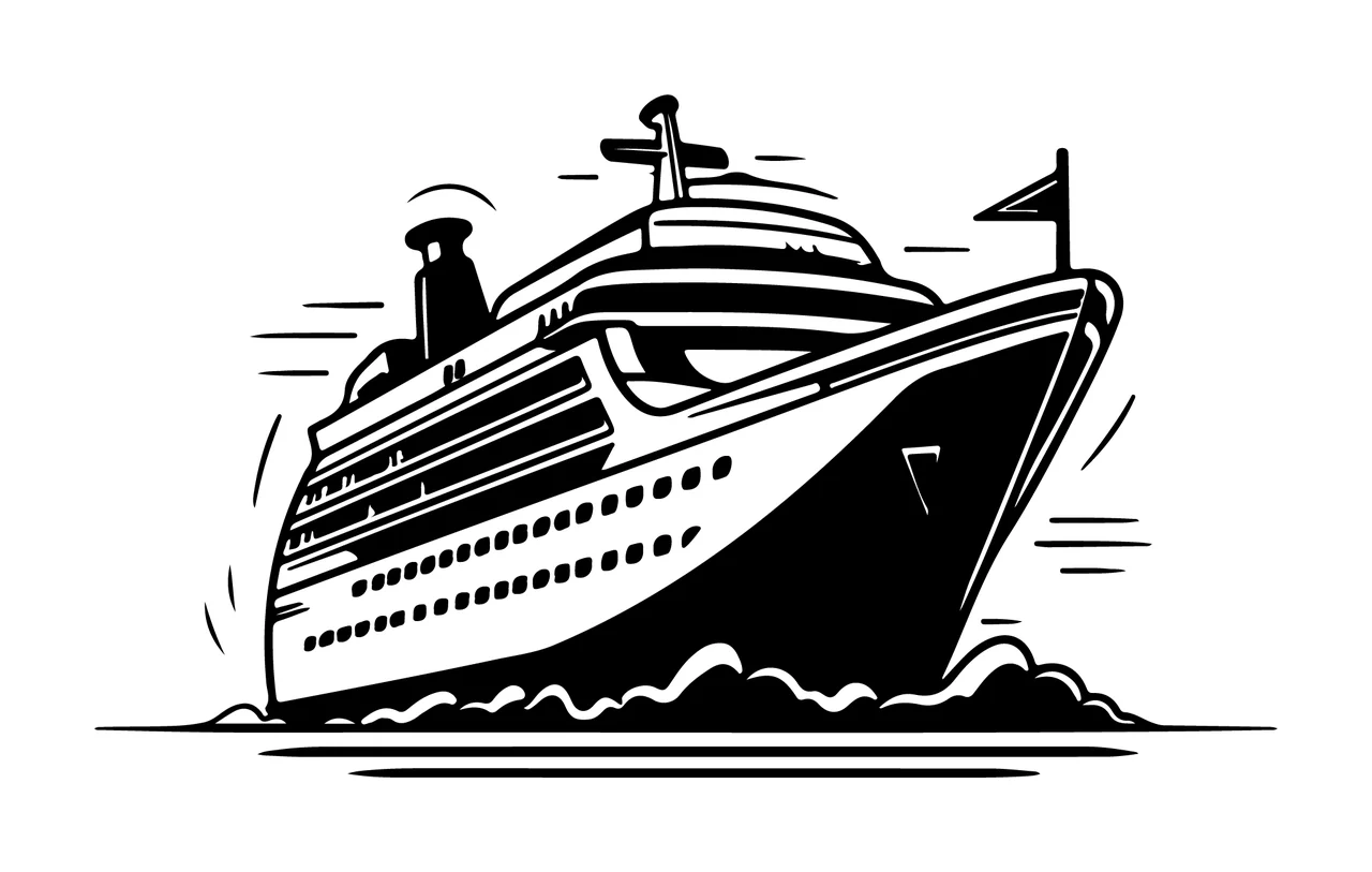 Cruise Ship Sailing On Waves flag ink illustration black white
