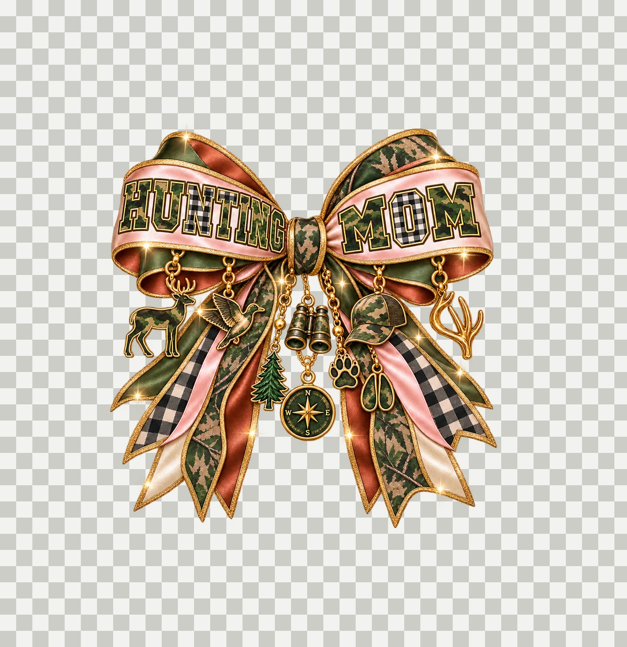 Hunting Mom Bow Charm PNG, Patterned Varsity Mom Ribbon Clipart, Transparent Sublimation Digital Download transparency and detail preview thumbnail