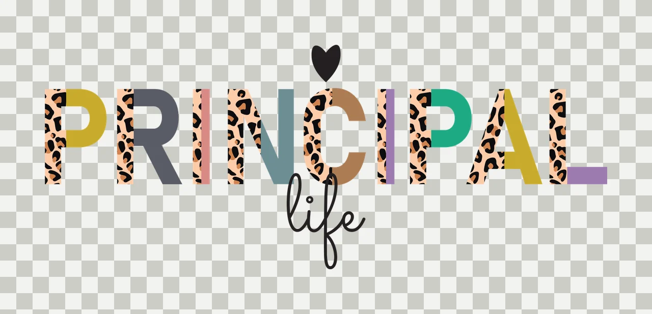 PRINCIPAL life Typography Design with block letters, leopard print pattern, cursive script and black heart icon in white and mustard yellow transparency and detail preview thumbnail