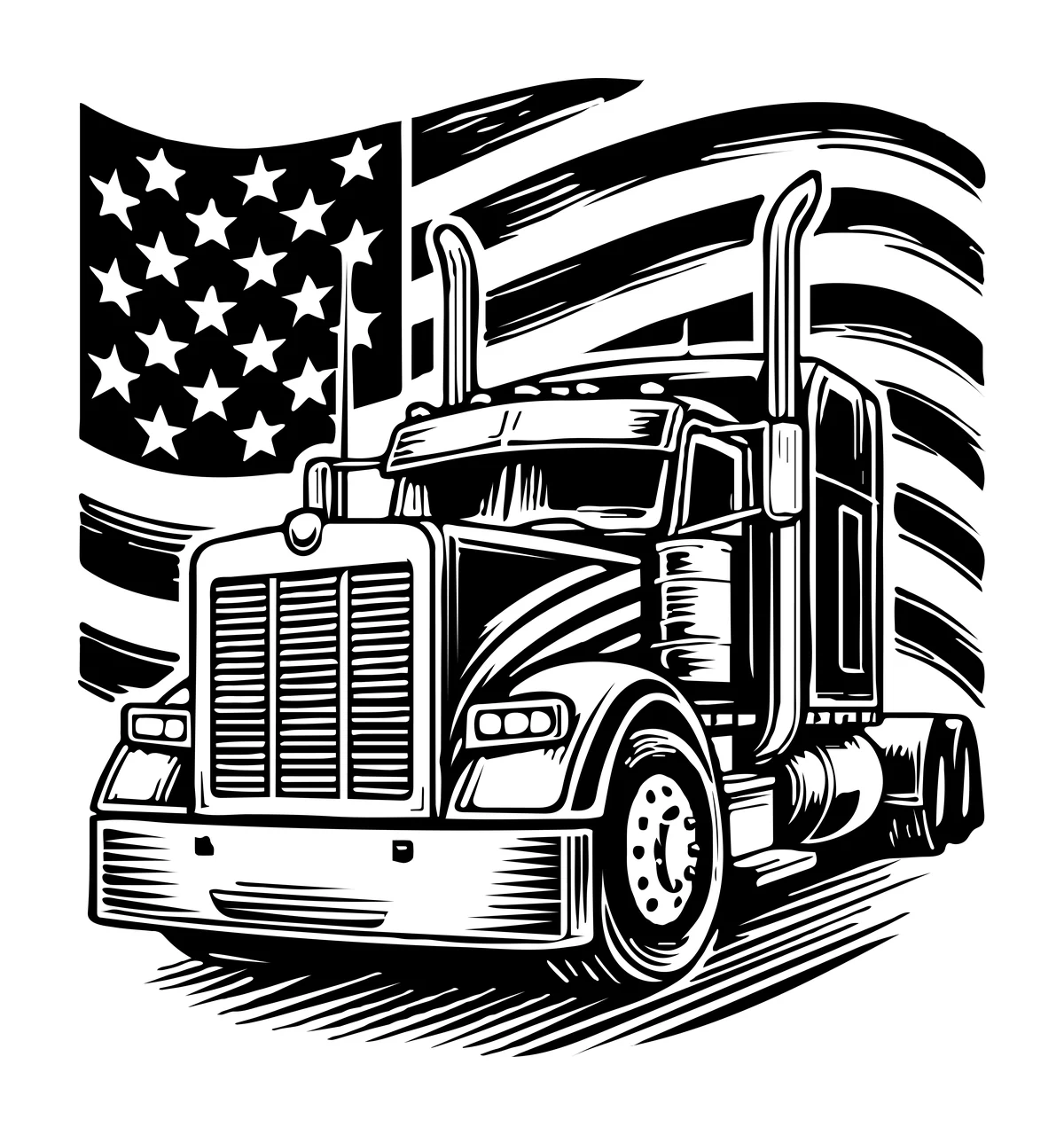 Semi Truck Flag And Waving Drawing moving stars stripes line art
