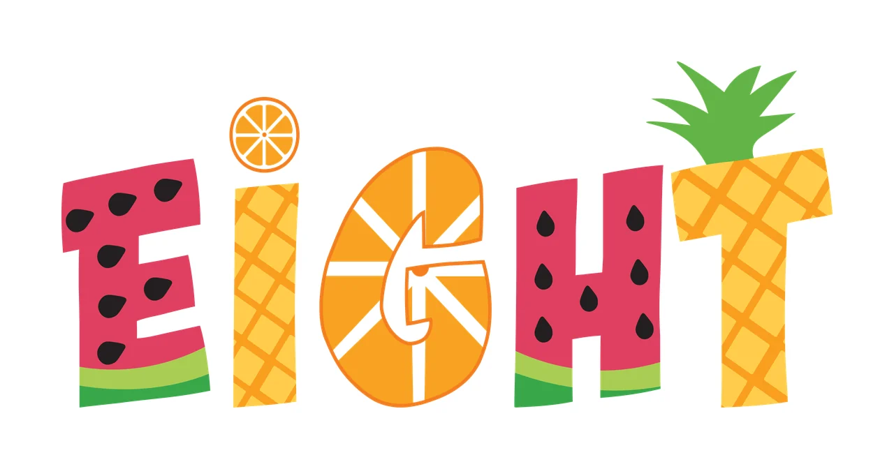 EIGHT Typography Design with watermelon texture, orange slice, pineapple pattern and citrus wheel in pink and yellow