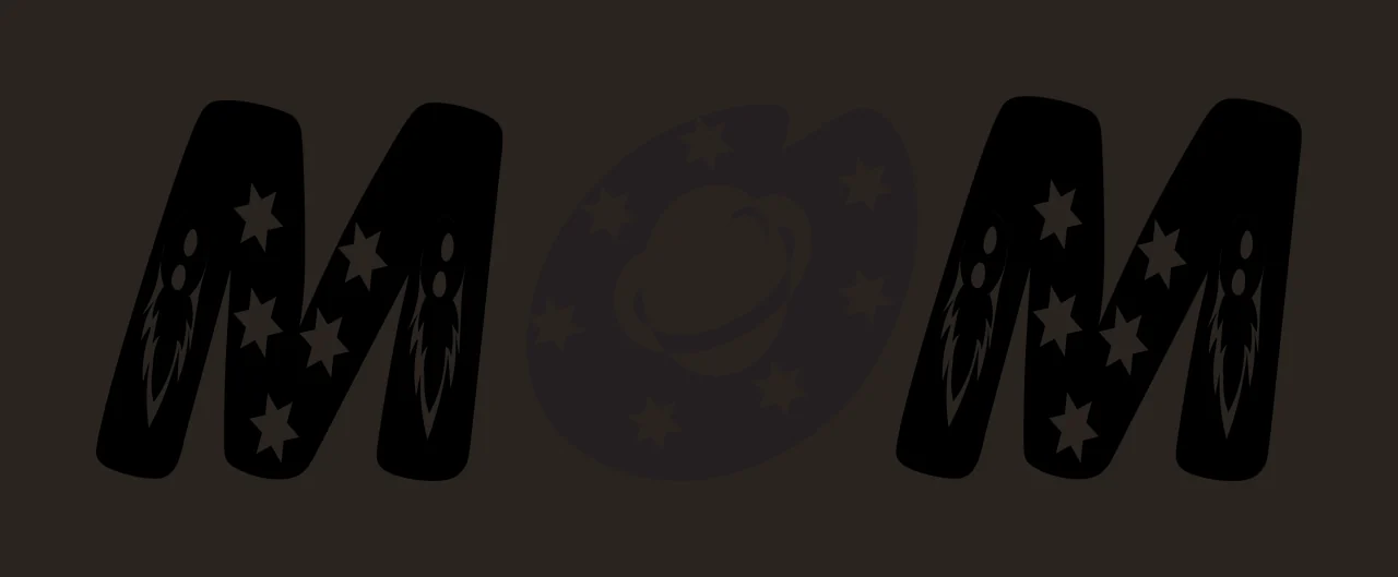 MOM Typography Design with letter M, ringed planet, rocket ships and stars in black and white contrast preview thumbnail