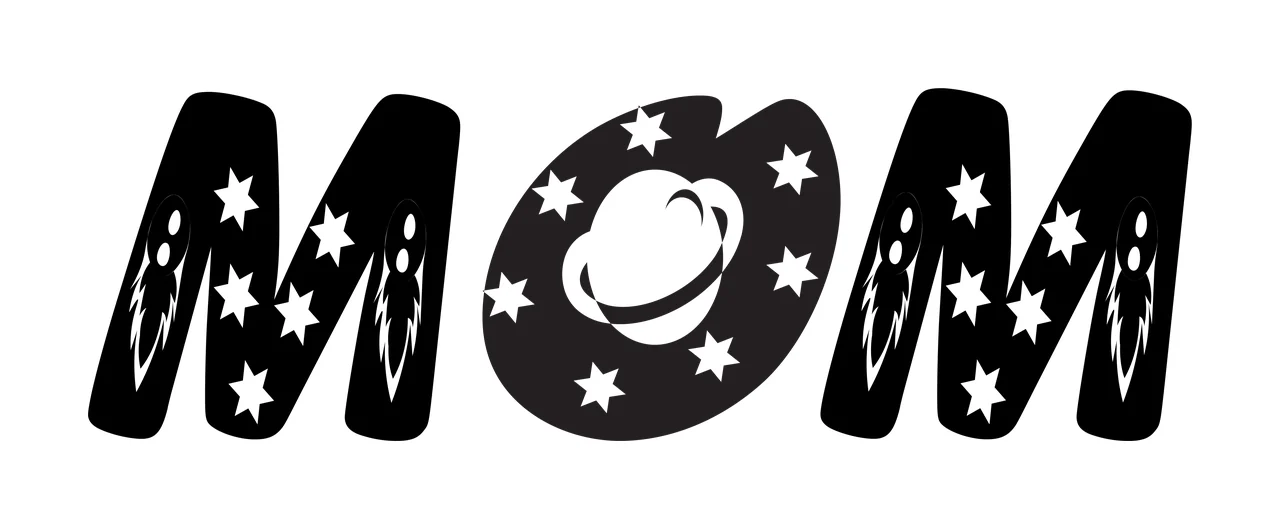 MOM Typography Design with letter M, ringed planet, rocket ships and stars in black and white