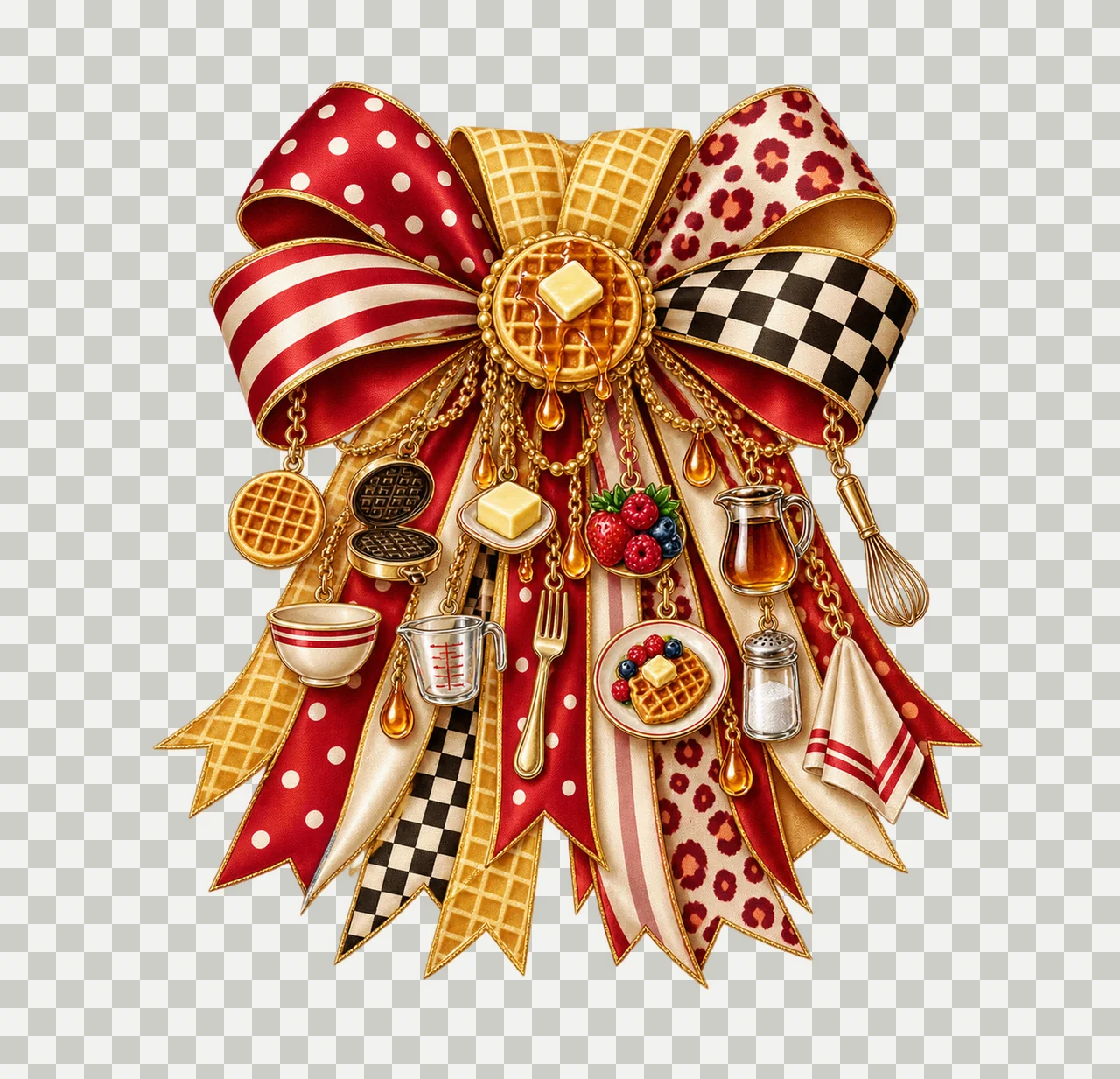 Waffle Lover Bow Charm PNG, Themed Gold Chain Charms, Coquette Ribbon Sublimation Design, Transparent Digital Download transparency and detail preview thumbnail