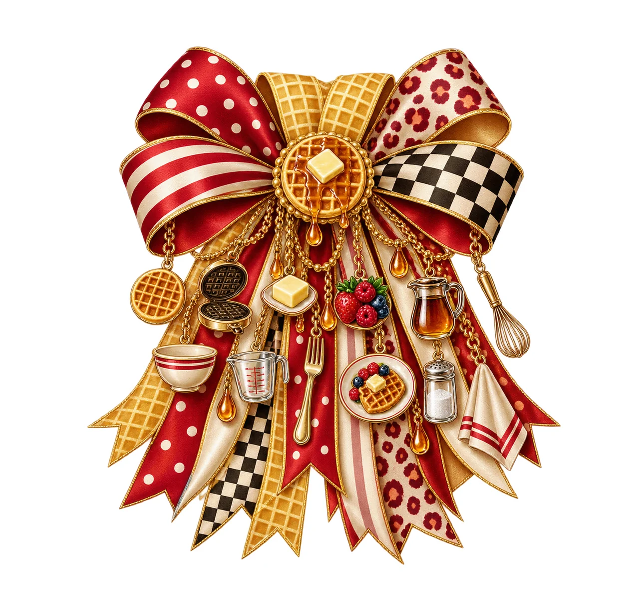 Waffle Lover Bow Charm PNG, Themed Gold Chain Charms, Coquette Ribbon Sublimation Design, Transparent Digital Download