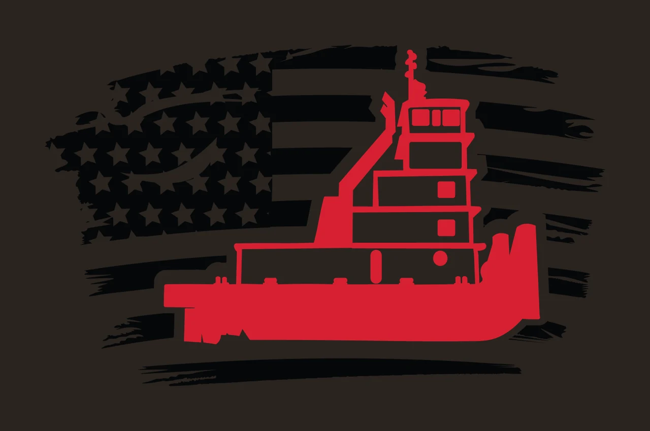 Boat Tugboat Silhouette With American Flag Background and grunge contrast preview thumbnail