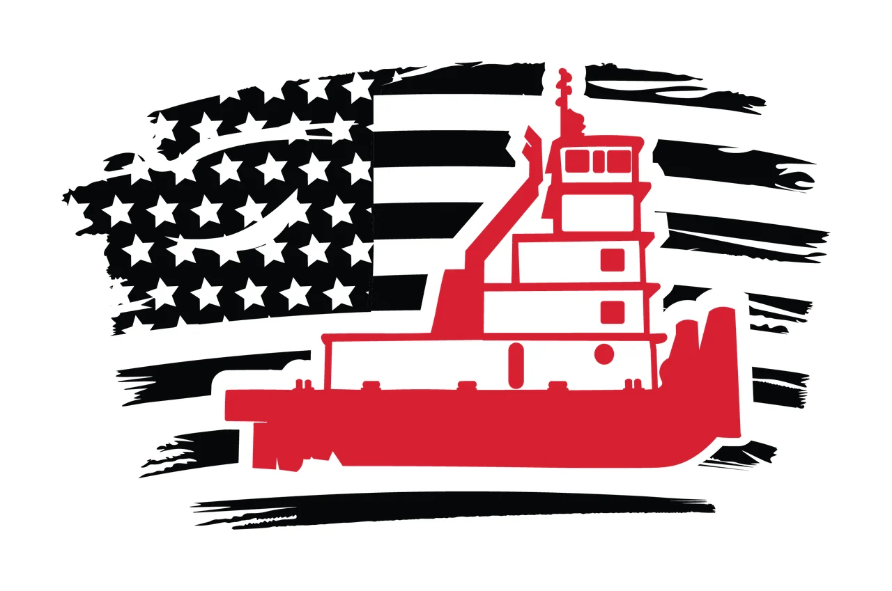 Boat Tugboat Silhouette With American Flag Background and grunge