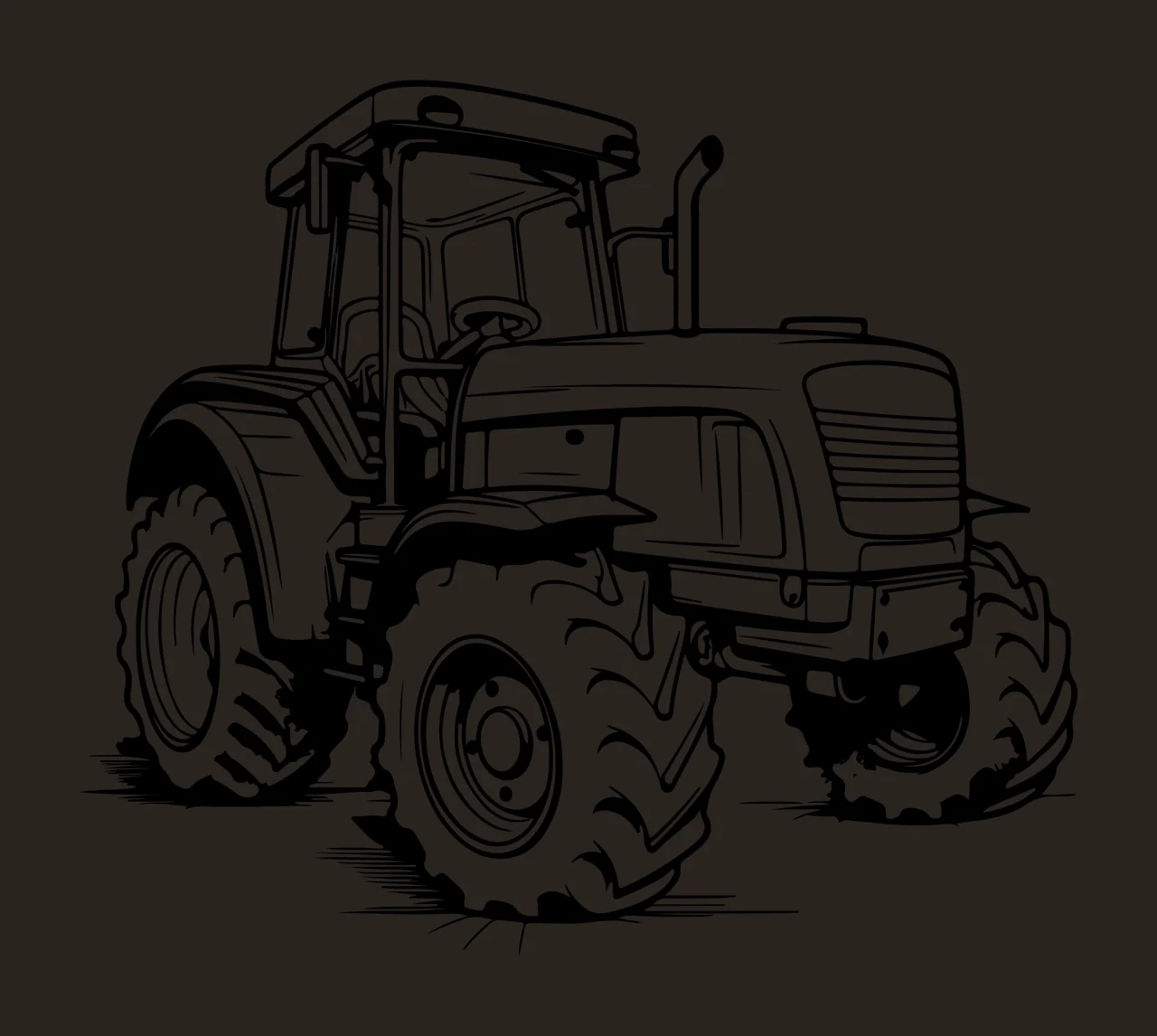 Large Black Outline Farm Tractor wheels white vehicle farming contrast preview thumbnail