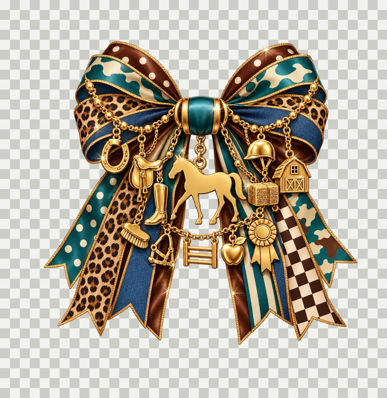 Horse Lover Bow Charm PNG, Themed Gold Chain Charms, Coquette Ribbon Sublimation Design, Transparent Digital Download transparency and detail preview thumbnail