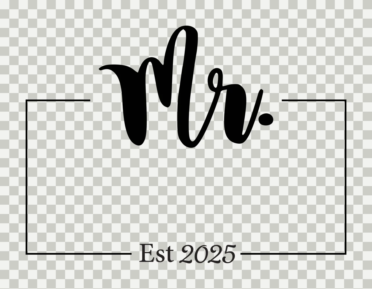 Mr. Est 2025 Typography Design with black cursive 'Mr ' text, thin black rectangular outline and black serif 'Est 2025' text in white transparency and detail preview thumbnail