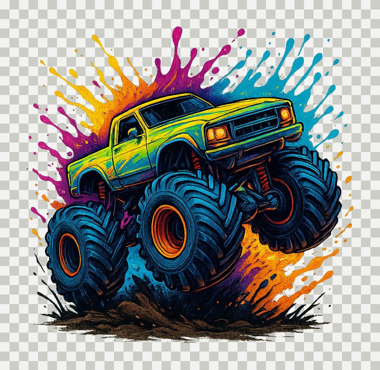 Colourful Monster Truck Art Cartoon Kids Shirt Design Fun transparency and detail preview thumbnail
