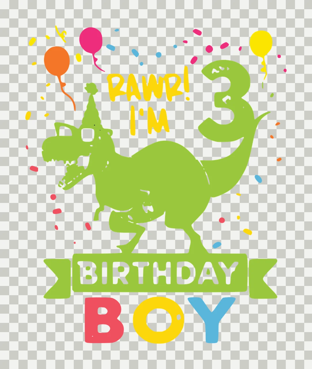 RAWR! I'M 3 BIRTHDAY BOY Typography Design with green T-Rex silhouette, party hat, glasses and balloons transparency and detail preview thumbnail