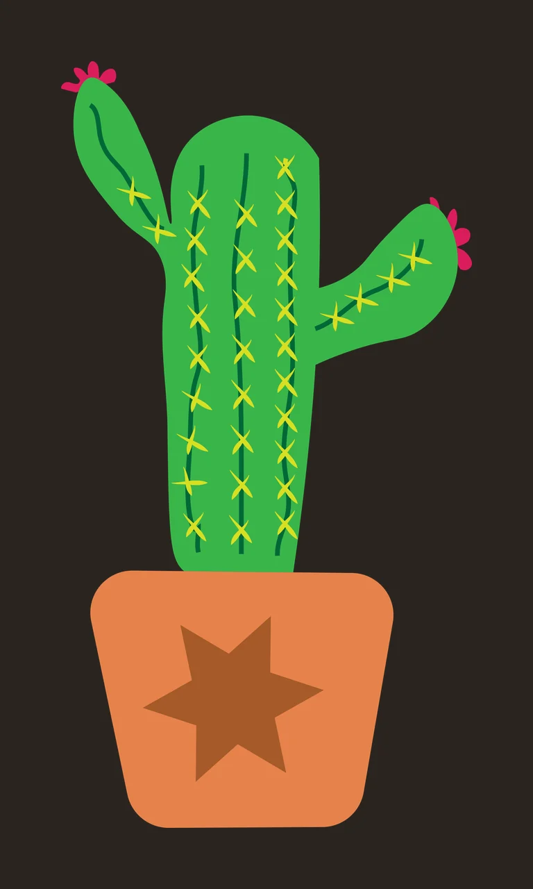 Cactus in terracotta pot with star Illustration with green cactus, yellow spines, pink flowers and brown star contrast preview thumbnail