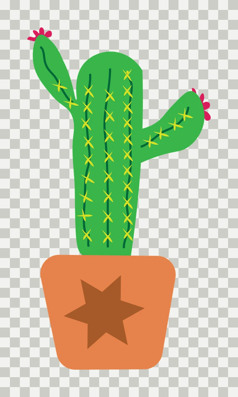 Cactus in terracotta pot with star Illustration with green cactus, yellow spines, pink flowers and brown star transparency and detail preview thumbnail