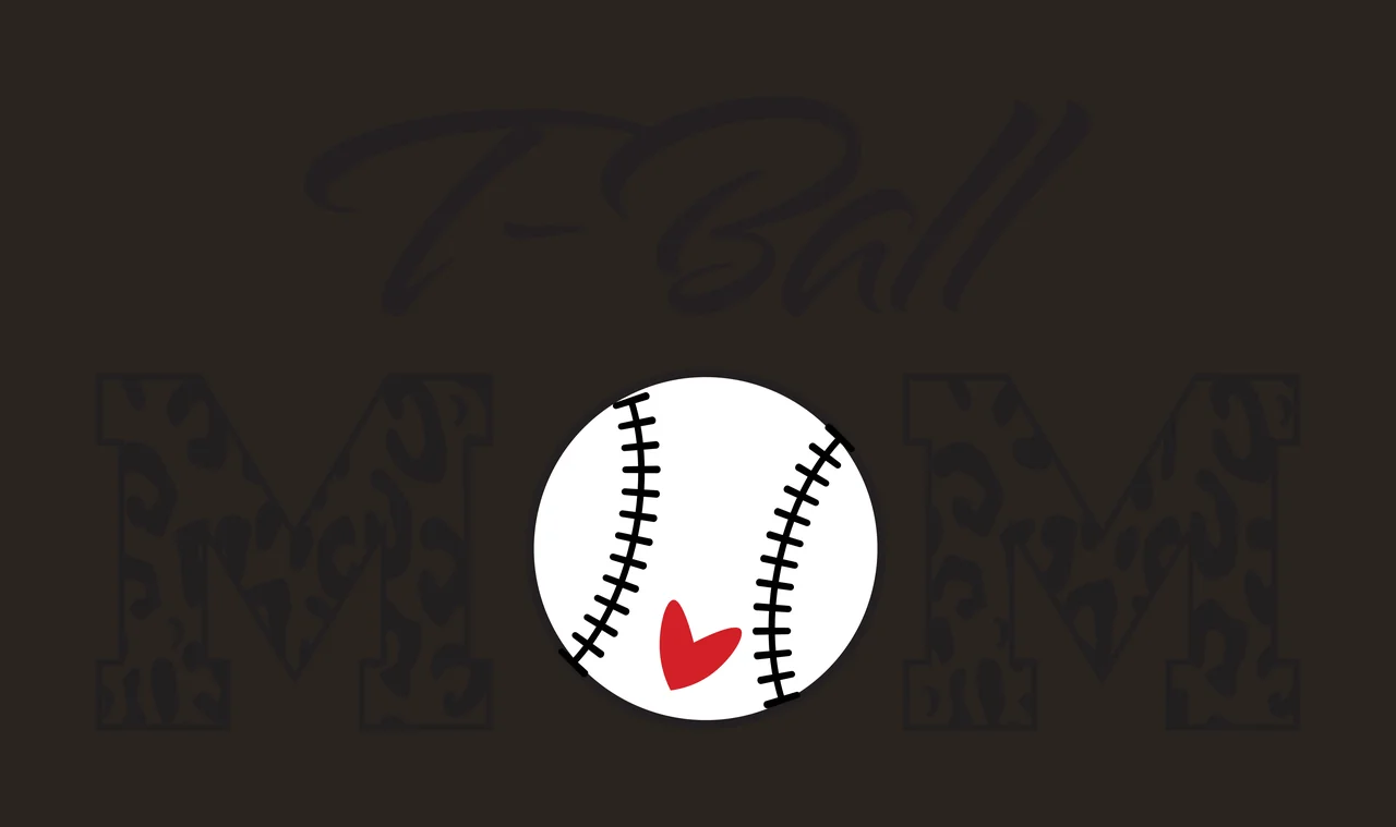 T-Ball MOM T-Ball MOM logo Design with T-Ball text in cursive black font, leopard-print letter M, baseball with stitching and red heart and black outlines in white contrast preview thumbnail
