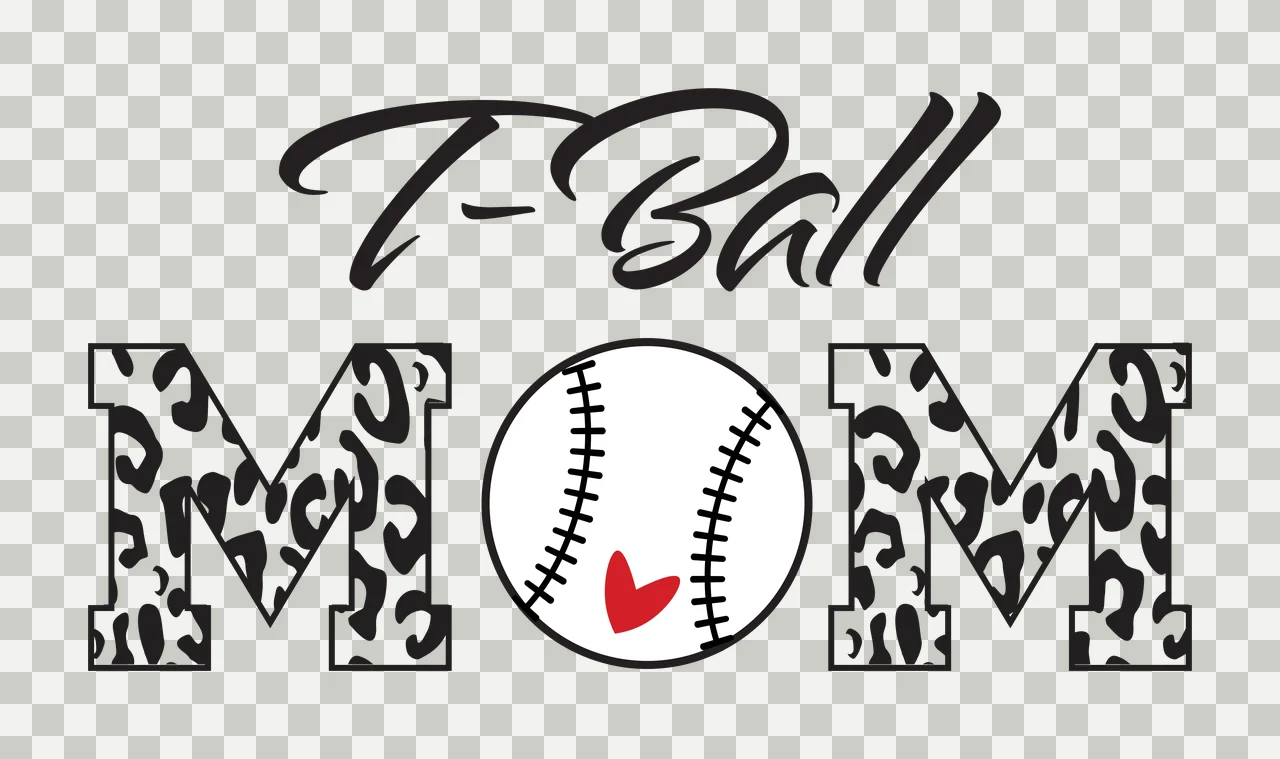 T-Ball MOM T-Ball MOM logo Design with T-Ball text in cursive black font, leopard-print letter M, baseball with stitching and red heart and black outlines in white transparency and detail preview thumbnail