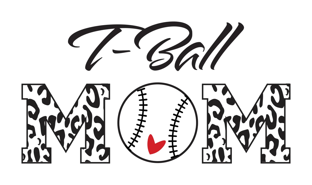 T-Ball MOM T-Ball MOM logo Design with T-Ball text in cursive black font, leopard-print letter M, baseball with stitching and red heart and black outlines in white