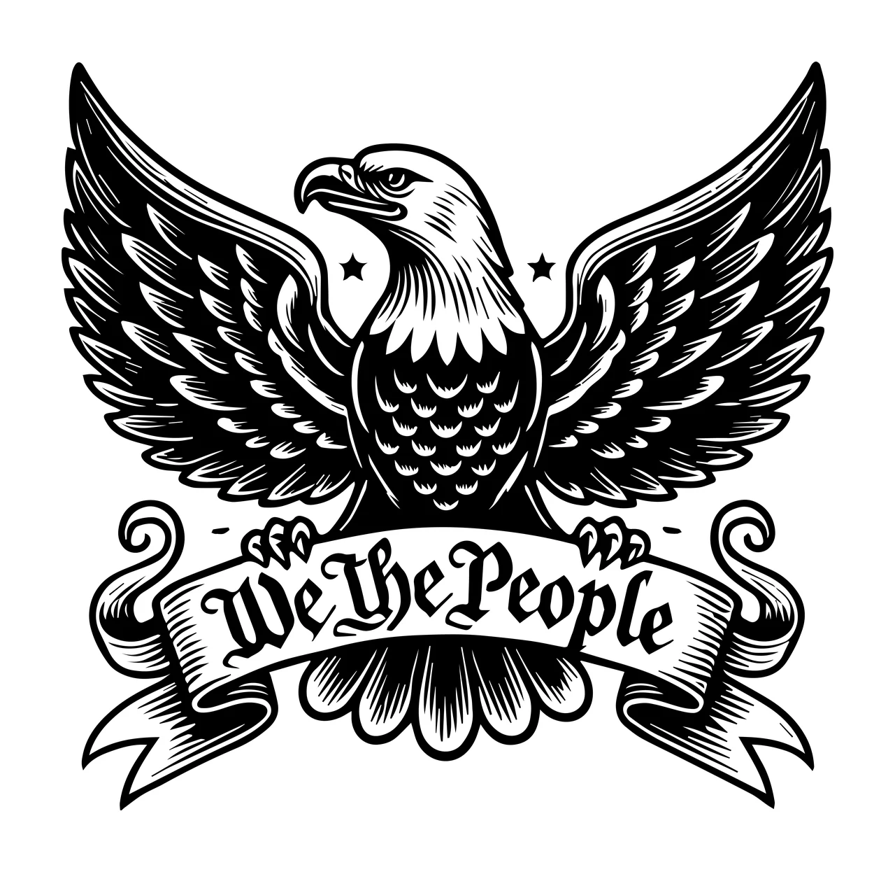 We The People Eagle Banner Emblem spreading wings stars engraving