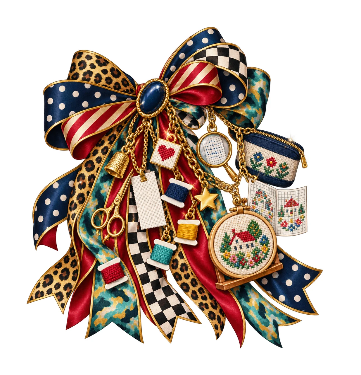 Cross Stitcher Bow Charm PNG, Themed Gold Chain Charms, Coquette Ribbon Sublimation Design, Transparent Digital Download