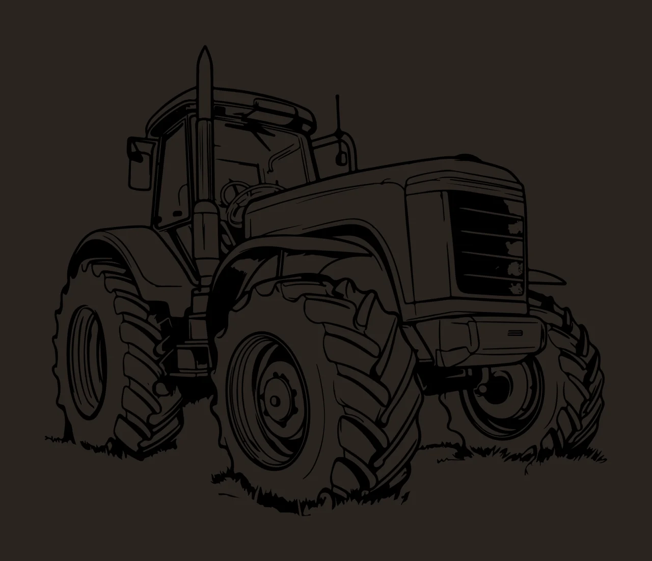Front View Tractor Black And White tires exhaust stack engine grille contrast preview thumbnail