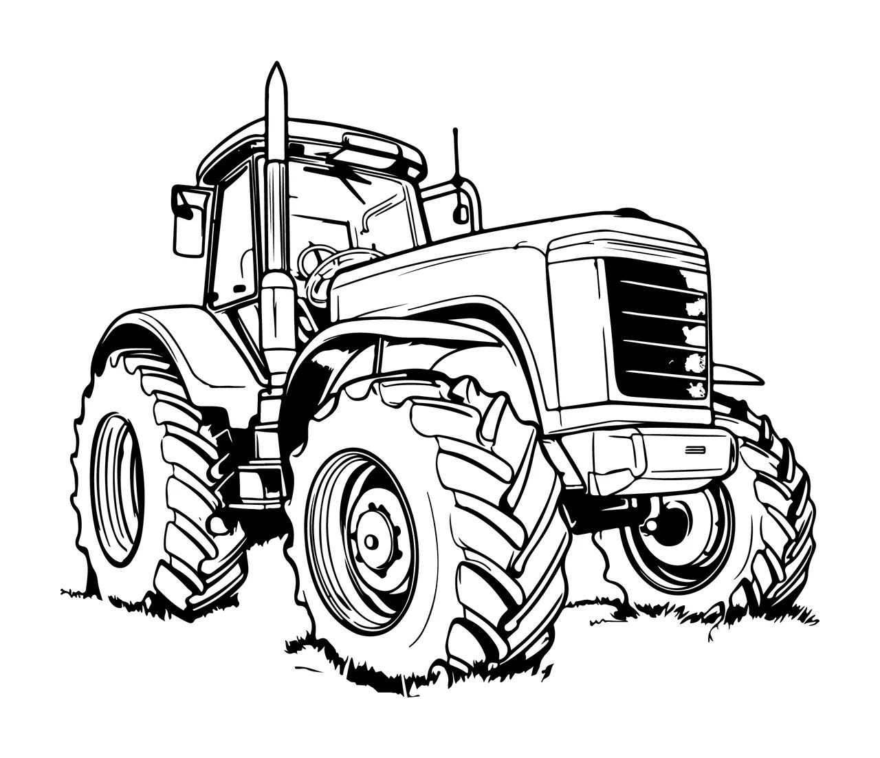 Front View Tractor Black And White tires exhaust stack engine grille