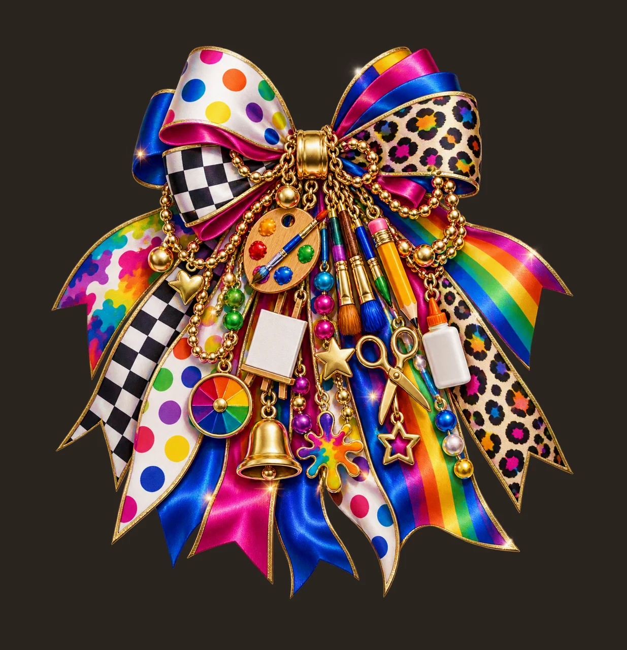Art Teacher Bow Charm PNG, Themed Gold Chain Charms, Coquette Ribbon Sublimation Design, Transparent Digital Download contrast preview thumbnail