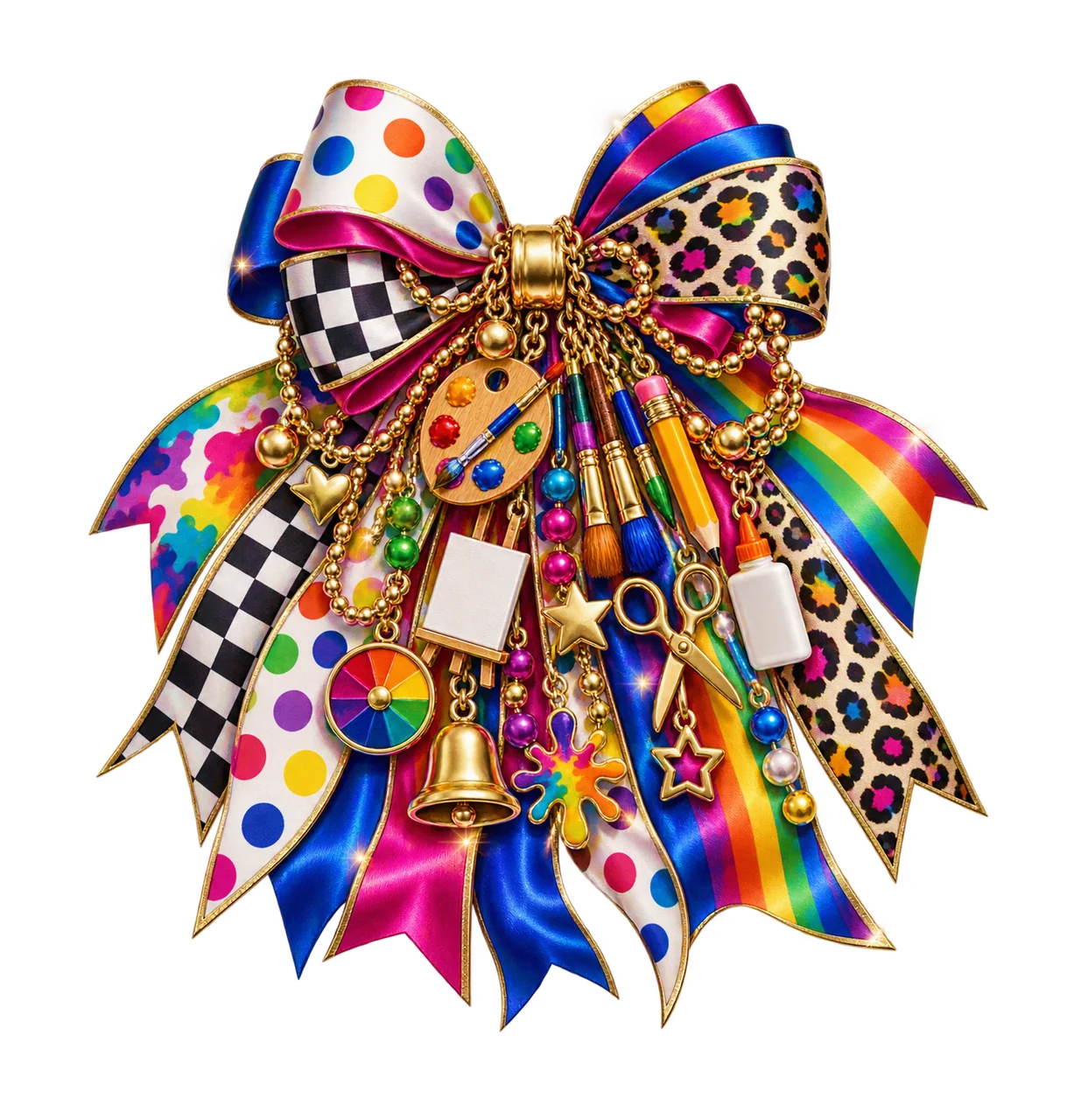 Art Teacher Bow Charm PNG, Themed Gold Chain Charms, Coquette Ribbon Sublimation Design, Transparent Digital Download