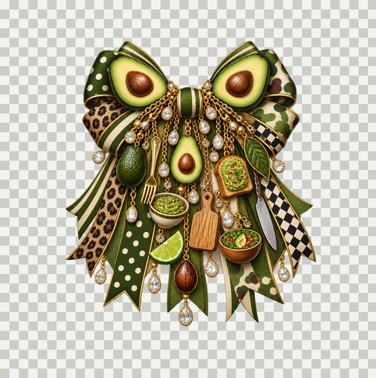 Avocado Lover Bow Charm PNG, Gold Chain Charms, Transparent Sublimation Design, Digital Download transparency and detail preview thumbnail