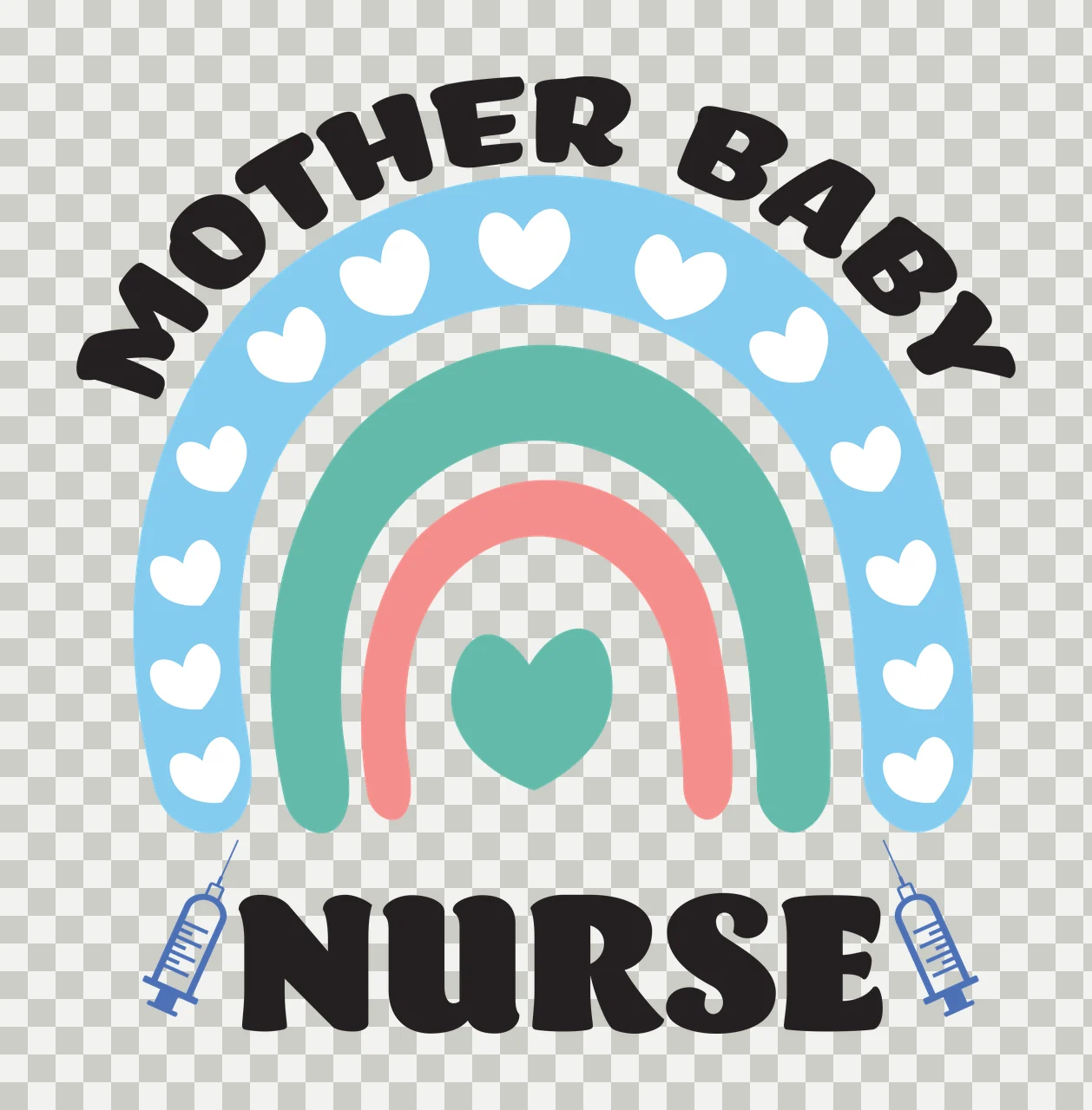 MOTHER BABY NURSE Typography Design with rainbow, hearts, syringe icons and arched text in light blue, teal and pink transparency and detail preview thumbnail