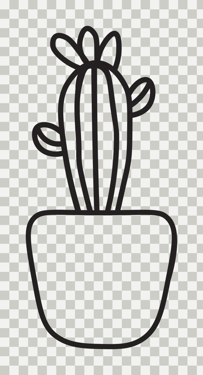Line Art Illustration of Potted cactus with three branches and leaf-like structures with black line cactus, potted plant, two side branches and top leaf-like structures in white transparency and detail preview thumbnail